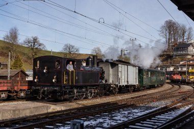 Einfahrt des ersten öffentlichen Dampfzuges seit der teilweisen Bahnhofsübernahme von Sumiswald-Grünen durch die Emmentalbahn. Foto : Julian Brückel, 09.02.2020