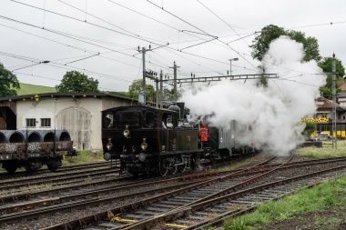 Einfahrt des Dampfzuges aus Huttwil in Sumiswald-Grünen anlässlich dem öffentlichen Fahrsonntag vom 14.06.2020. Foto: Julian Brückel
